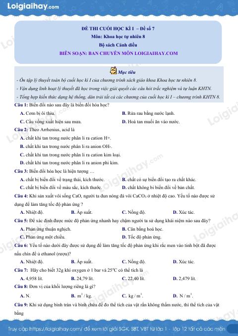 Đề thi học kì 1 KHTN 8 Cánh diều - Đề số 7